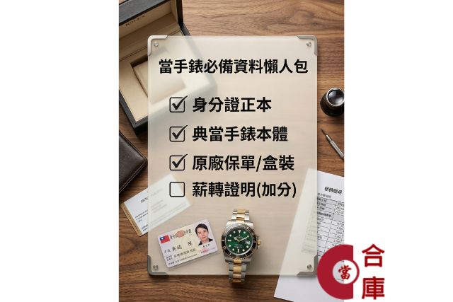 當舖手錶借款準備資料清單：攜帶身分證、手錶本體、保卡及盒裝可提高借款額度