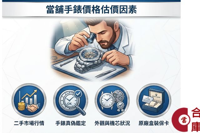 當舖手錶借款估價因素圖解：包含二手行情、真偽鑑定、機芯狀況與原廠配件完整度
